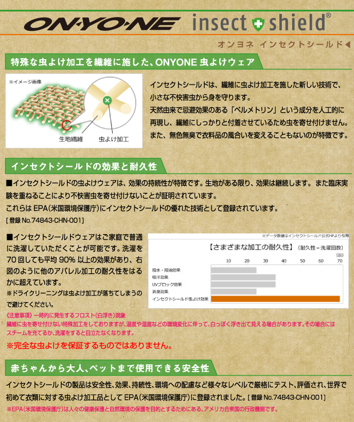 insect shield. インセクトシールドは繊維に虫よけ加工を施し、不快害虫を寄せ付けません